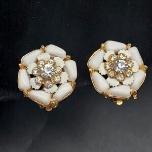 VIntage Selini Clip On Earrings White Beaded Cluster Clear Rhinestone